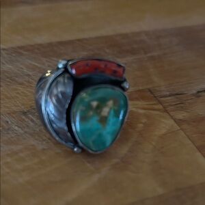 Vintage Silver, Coral Turquoise Navajo Ring